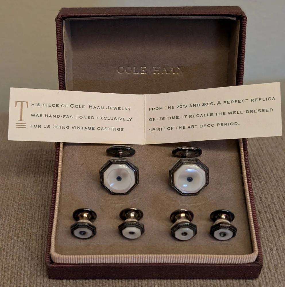 Cole Haan Retro Silver & White Cufflinks Set